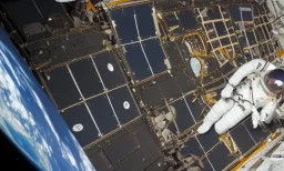 a astronaut repairing iss, a shot from far away