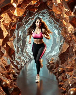 make a picture pretty cave made of crystal and metallic 3d fractal recursive cubic and sphere base structures and a beautiful fashion model lady with cute,curvy long hair,makeup, in pretty sports suit is running inside cave ,dynamic camera fallow her inside cave capturing full body, dynamic lights.