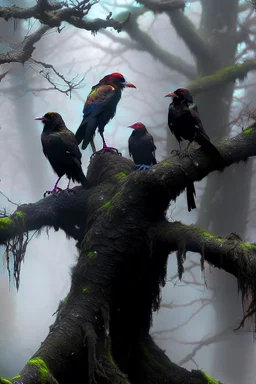 A group of crows standing on a scary tree without leaves . its skin is covered in moss and lichen, allowing it to blend seamlessly into its surroundings. Forest Spirits feed on the energy of trees and can create thick fog to confuse their victims.
