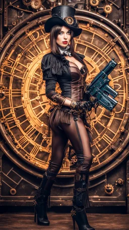 Full Body photo of a steampunk burlesque Woman With straight hair and a Fringe Hairstyle, holding a laser gun, sci-fi steampunk Background