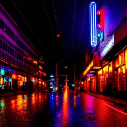 cyborg on city street poignant neon lights rainy atmosphere, clear view, high detail, mechanical, circuits