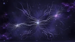 A minimalist abstract 2d digital art graphic and ink montage,. Deep dark purple background with pale neural network and galaxy background, human nervous system with fade little lights , white-dark blue-pale gray and black colors, Clean composition with strange surreal vibe, emotional, abstractions, neurodivergens soul and mind, cinematic, thriller, human dark shilouette