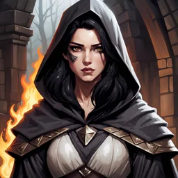 dungeons & dragons; portrait; female; teen; pale skin; shirt; unruly black hair; dark brown eyes; fierce look; noble; dark grey cloak; hood