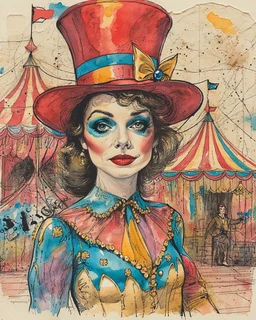 Masterpiece, a delicate ink and watercolor wash rendering on rough handmade paper. A vibrant and imaginative collage unfolds, blending vintage circus charm with surreal whimsy. At its heart stands a glamorous circus performer, wearing a colorful, patterned bodysuit rendered with intricate ink lines and layered washes of sapphire, crimson, and gold. A tall, red top hat crowns her head, sketched with bold strokes and rich scarlet hues. Behind her, a classic circus tent rises, its stripes suggested