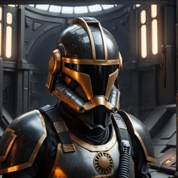 star wars bald male corellian pilot wearing pearlescent black and gunmetal grey First Order special forces heavy assault stealth commando armor and helmet with gold trim inside the jedi temple, hyperdetailed, dynamic lighting, hyperdetailed background, 8k resolution, volumetric lighting, light skin, fully symmetric details