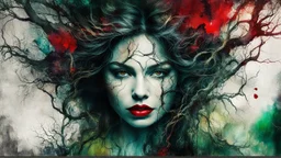 old worn torn, multi-layered cracked canvas, fine detailing with alcohol ink, Captivating realistic painting of a WOMAN, fair face, red lips, splashes of color, HORNS, FANGS, BLOODY TEARS, Multiple exposure, fluffiness, her face is illuminated, her hair merges with swirling fractal vines and tree roots, dark green foliage, symbolizing the unity of strength and wild nature. Flowing hair dissolves into intricate, endless patterns, as if they are protectors and part of the same organic force. Moon
