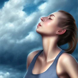 A woman looking at the clouds potrait sadly, realistic, digital art