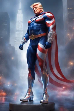 Donald Trump as 'Maga Man,' Extremely Muscular, Skintight, formfitting cobalt bodysuit, US Flag cape, silver boots, Multicolored vortex, multicolored lightning, neon lit futuristic cityscape, mist, fog, speed, extremely overexaggerated musculature, "MAGA MAN"