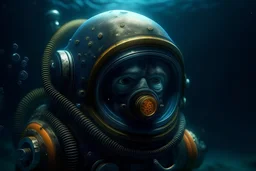 a fish swimming inside of the deep sea diving helmet with the diver making funny faces, hyper photorealistic, hyper detailed realistic art color, high resolution, fog, octane render, tilt shift, HDRI Environment