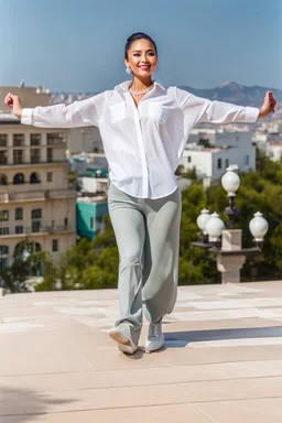 full body of very beautiful girl wearing pants and bluse ,white gray hair ,standing idle happy pose in studio pretty makeup