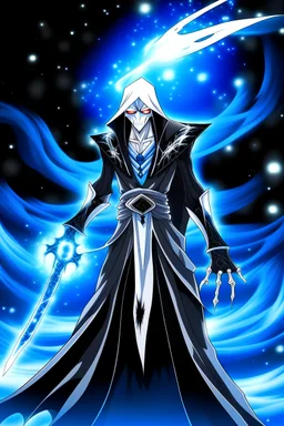 A soul reaper from bleach with starry clothing. Holding a chakram, floating in the air.