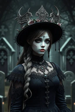 Create me headshot from Arcane as a gothic girl she has a hat majestic, highly intricate gigantic, standing in front of cemetery crypts behind her Realistic photography, incredibly detailed, ultra high resolution, 8k, complex 3d render, cinema 4d.
