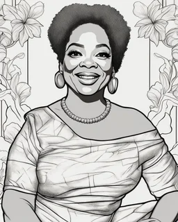 Outline art for coloring pages with oprah winfrey, white background, sketch style, only use black outline, white background, no shadows and well and clear outline