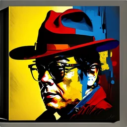 (Without glasses : 1.5) Gustavo Petro, comic style artwork, dark yellow, black, red and blue, with wide-brimmed hat, with white shirt, calm,