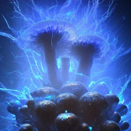 Spherical Frost metal magic armoured lightning Mycelium giant blob MUSHROOM flower erupting with BLUE FLAMES hellfire abyss stars SPACE lANDSCAPE