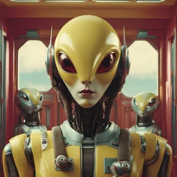 Alien retro computer robot portrait photo, pastel colors, yellow, red, photographed by Jamie Baldridge, film still from wes anderson, medium shot fashion, award winning photography, arty pose, fashion, high definition, high resolution, muted colors, volumetric lighting, 8k, 3d render