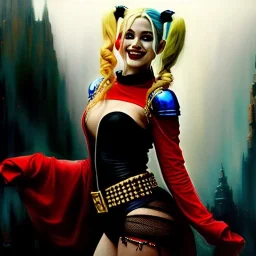 Drawing of beautiful face,'beautiful booty ,Busty Harley Quinn',intense stare, ancient skintight armor, balanciaga fashion clothe painting by gaston bussiere, greg rutkowski, yoji shinkawa, yoshitaka amano, tsutomu nihei, donato giancola, tim hildebrandt, Oil on canvas, cinematic composition, extreme detail,fit full head inside picture,16k