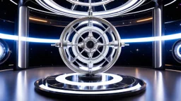 picture of a very huge real working physic based gyroscope with mirror surfaces in a inter star environment ,a very pretty lady with modern future clothing boots standing on main turning disk of gyroscope.1x1.