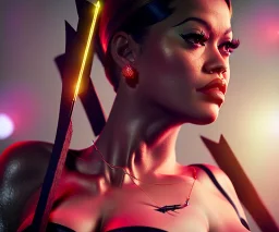 Rita ora, close up, bow pulled back, holding arrow hand, burning arrow, long curly black hair, necklace, hands