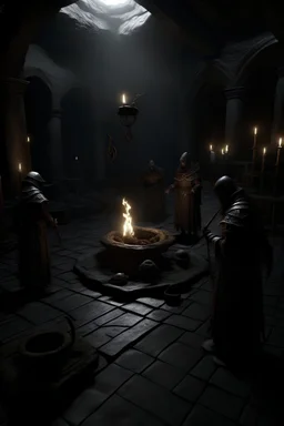 Create a 3d rendering full-height image of a grim and dark scene with acolytes. Ensure the final images exhibit the utmost quality, with the play of a torch-lit dungeon encompassing 4K, 8K, and 64K resolutions, with 3D rendering that manifests in photorealistic, hyperrealistic, and highly detailed representations. Employ techniques such as HDR, UHD,