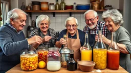 Elderly pensioners making wine. Demijohns, fruit, yeast, sugar, equipment, all in a domestic pensioner's kitchen. Everyone is happy. Photographic quality and detail, award-winning image, beautiful composition.