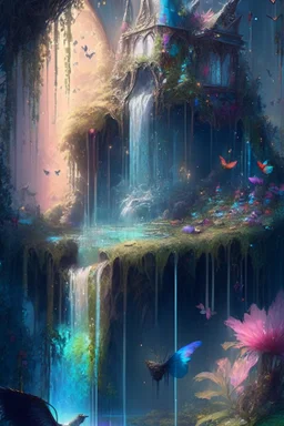 Phantasy landscape.Paradise hauntedgarden, unicorn, bright magic art, splash art, high quality, 8k, digital painting, glitter, waterfall, greenery, butterflies, birds of paradise, gnome's house, trending on artstation, sharp focus, studio photo, intricate details, highly detailed, by greg rutkowski