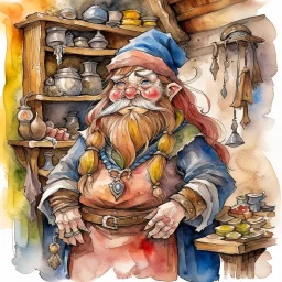 fantasy, watercolour, illustration, portrait, dwarf woman, sturdy, shopkeeper