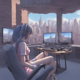 photorealistic femboy playing video games on en enormous gaming set up in a middle of a city