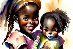 A cute smiling African girl is holding a kitten. Watercolour