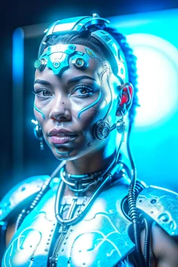 Cyborg female evolving | concrete floor | detailed | fine art | highly detailed | smooth | sharp focus | ultra realistic | full body portrait view, Mysterious,blue metal, smile