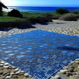 An indigo gelatinous beach designed in ancient Roman mosaics