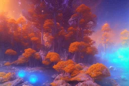 orange and blue crystal cosmic and galactic ambiance sunny sky trees river surreal, full of details, smooth, bright sunshine，soft light atmosphere, light effect，vaporwave colorful, concept art, smooth, extremely sharp detail, finely tuned detail, ultra high definition, 8 k, unreal engine 5, ultra sharp focus