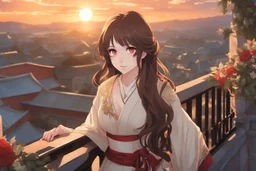 woman with long brown hair, red eyes, pale skin, highly detailed, intricate background, standing on a balcony during sunset, contemplative, anime style, Genshin Impact inspired, dynamic composition