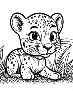 create a 2d black outline, "safari smiling cartoon baby gepard coloring book for toddlers", coloring page, low details design, black contour, coloring page design, simple background, colorful , card style, coloring page for kids, white background, sketch style, safari landscape, cartoon style