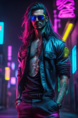 male cyberpunk solo with long hair, Spainish, Wearing Urban Gang Flash and mirrored sunglasses, suave, strong, gang tatoo, nice, Retroanime, rembradt lighting, neon complementary colors