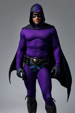full-length, A portrait of a the Phantom, a man with piercing blue eyes, a chiseled jaw, goatee, timeless face, stern expression, Wearing a tight fitting purple cotton hero suit with a cowl that fits tight to his head, but does not cover his face, he wears a thin, black leather, bandit eye disguise over his eyes, black and blue diagonally striped trunks, dual-holstered pistol belt adorned with a triangle skull-shaped buckle with leg straps, Knee-high black leather boots