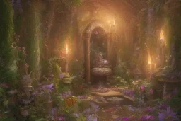 Lilith, Goddess, tropical flowers, heart chamber, crystals, tropical leaves, sacred altar, old temple. Fantasy house.