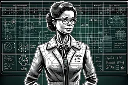 Create a realistic picture of an attractive woman scientist. She is standing in front of the blackboard. There are some Bayesian formulas written on the blackboard. It is set in the 50s; it is very realistic and aesthetically pleasing. Take a deep breath and use the uploaded image as a prompt.