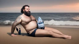 photography of a sicilian baywatcher burly sweat chubby 44 years old , swimwear, manly chest ,tattoo, curly hairs, long beard, sitting on a beach chairs at the beach at midnight , illuminated by bonfire, photorealistic, 8k, Canon EOS, 35mm lens, , unreal engine, greg rutkowski, loish, rhads, beeple, makoto shinkai and lois van baarle, ilya kuvshinov, rossdraws, tom bagshaw, alphonse mucha, global illumination, detailed and intricate environment