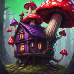 A weird mushroom house with drippy spots on a floating space island. black purple red green. Detailed gloss Painting, rich color, fantastical, intricate detail, splash screen, hyperdetailed, insane depth, concept art, 8k resolution, trending on artstation