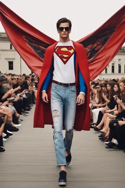 A guy on a fashion runway with superman clothes style embroidery without cape