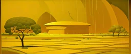 A golden yellow savanna with an arena in a thunderstorm painted by Frank Lloyd Wright