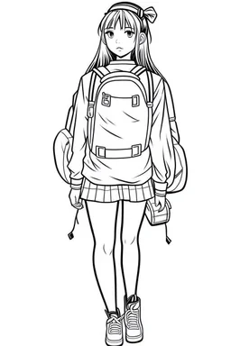 outline art for real back to school Coloring page, manga style, cartoon style, cute face, white background sketch style, full body is a must, only use outline, clean line art, no shadow, bold outlineMasterpiece, Ominous, Golden Ratio, Highly Detailed, photo, poster, fashion, illustration