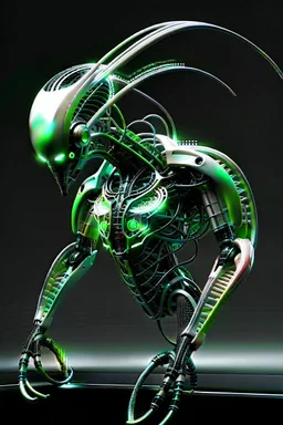 Cyborg symbiote, white color, green color, tendrils, high tech, cyberpunk, biopunk, membrane wings, carbon fiber