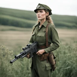 [standing in a Cornwall field] A woman elf, clad in a dirty World War I worker's uniform, her delicate features stark against the rugged attire. But what truly caught the eye was the heavy machine gun she carried with ease, a juxtaposition of elegance and power that defied conventional stereotypes.