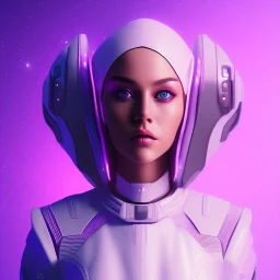 Cute girl, Sci-fi character, white suit, purple backlight, pink and purple, scifi suit, profile, purple background, pink lighting, futuristic