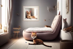 Lifelike cat-shaped bed with a cat lying on it in an elegant bedroom, bedside table, window, pictures on the walls in sunlight.