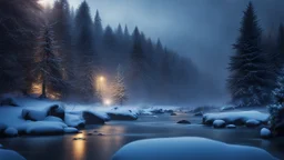 fir forest scenery, heavy mist,,creek,forest,christmas ,tree,fireflies,night,snow,fir tree,high-quality photograph,photorealistic, shot on Hasselblad h6d-400c, zeiss prime lens, bokeh like f/0.8, tilt-shift lens 8k, high detail, smooth render, unreal engine 5, cinema 4d, HDR, dust effect, vivid colors,night