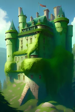 A large, fortified English-style castle, green moss grows on its balconies, and the weather is sunny