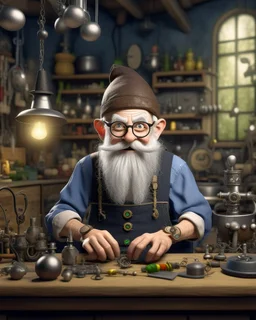 Eccentric gnome inventor with wild grey hair and spectacles. Bright curious eyes. Multiple gadgets and tools on belt. Medieval-fantasy steampunk clothing mix. Excited expression. Workshop background, warm lighting.